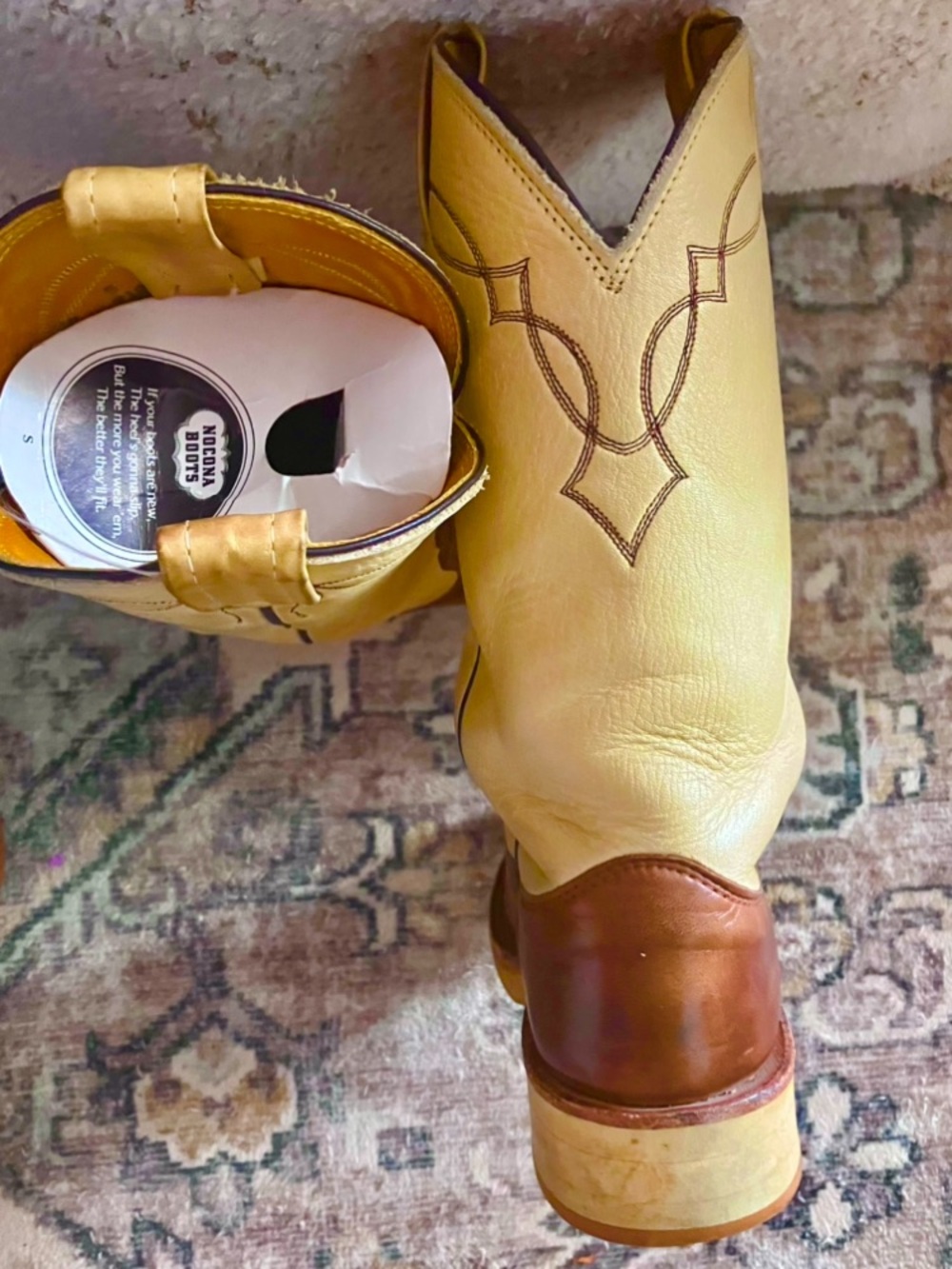 Nocona Two-Tone Banana Yellow Leather Western Boots. Lemonwood Stacked heel!